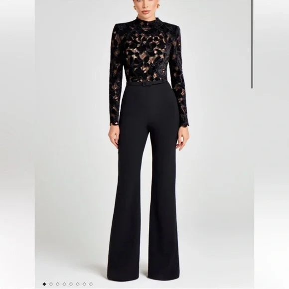 ✨NWT✨Nadine Merabi Eleanor Wide Leg Jumpsuit Black Velvet Long Sleeve Size 12 - Picture 1 of 7